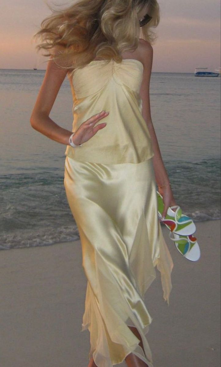 Robe de soirée longue en satin jaune élégante et élégante, deux pièces, tenue de soirée en bord de mer, nv3596