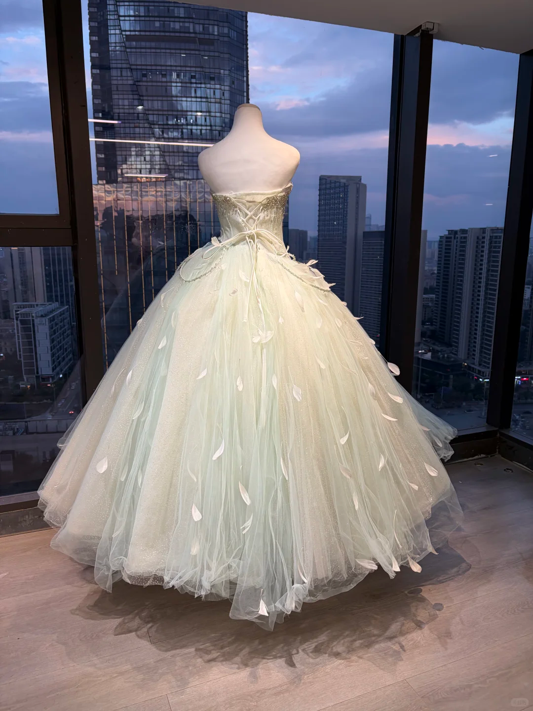 Strapless Light Mint Green Fairy Ball Gown Rhinestone Beaded Sparkle Tulle Feather Long Prom Dress  NV7028
