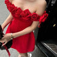 Robe de soirée courte rouge à épaules dénudées et décolleté en dentelle rose, coupe trapèze, robe de fête d'anniversaire, de Noël, princesse nv2741