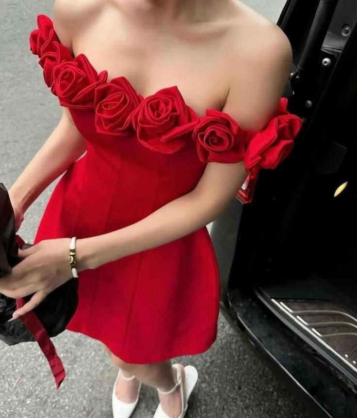 Robe de soirée courte rouge à épaules dénudées et décolleté en dentelle rose, coupe trapèze, robe de fête d'anniversaire, de Noël, princesse nv2741