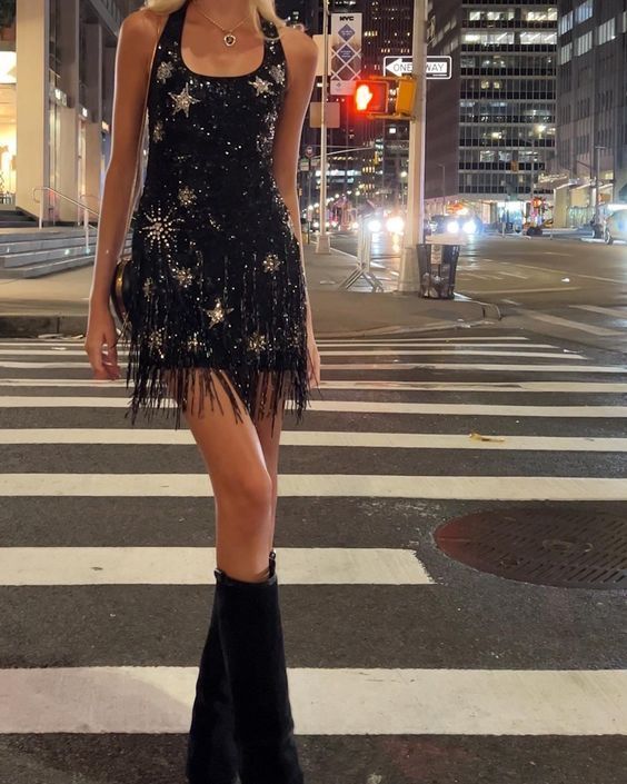 Schwarzes, glänzendes Pailletten-Kurzkleid für Heimkehr, Geburtstags- und Cocktailpartykleid, NV4659
