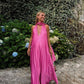 Rosa V-Ausschnitt Elegantes Langes Satin Abendkleid Partykleid Hochzeitsgastkleid nv4150