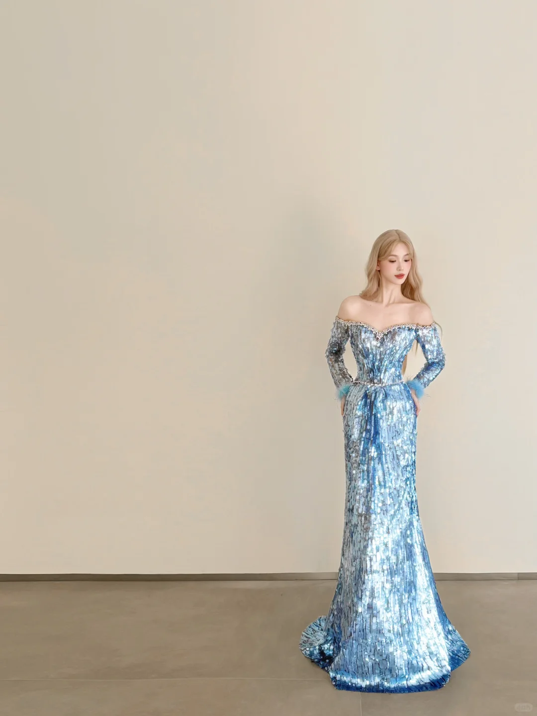 Ice Blue Sequin Off Shoulder Mermaid Prom Gown Long Sleeve Feather Formal Dress  NV7170