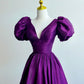 Purple Satin A-line Short Sleeve Long Evening Gown Ball Gown nv2940