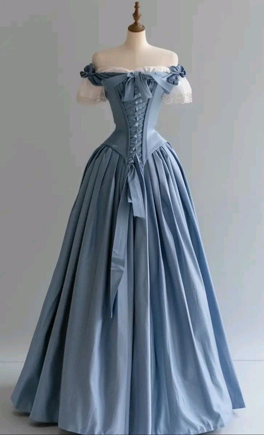 Blaues Vintage Elegantes Langes Satin Ballkleid Abendkleid nv4204