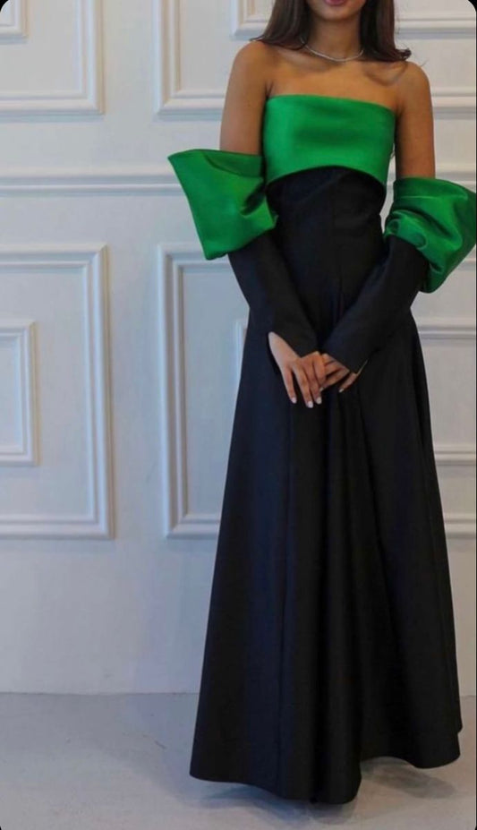 Black tube top green contrast design fashionable long satin ball gown evening dress nv3185