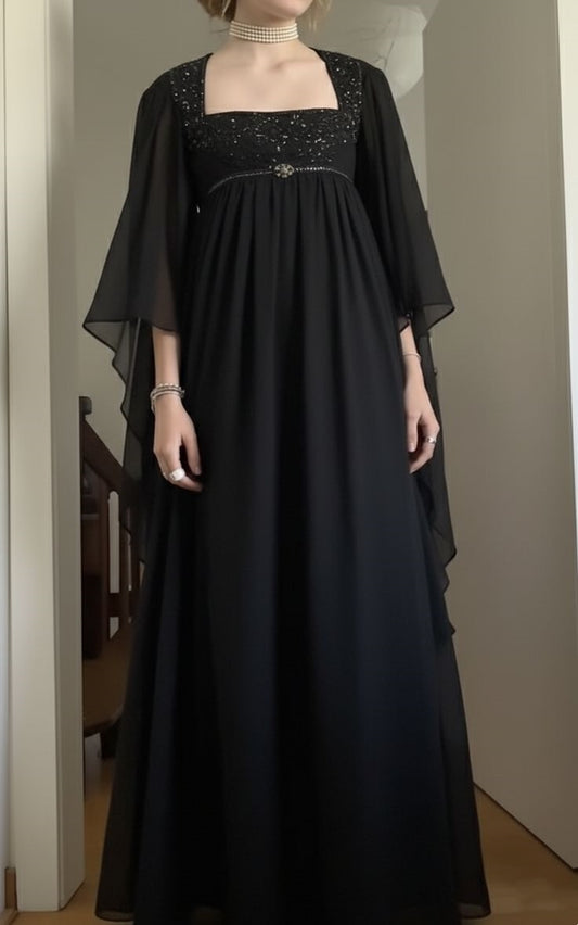 NiceVestidos--Retro Black Long-Sleeved Empire Dress High Waist Dress Long Chiffon Square Neck Prom Dress NV5879