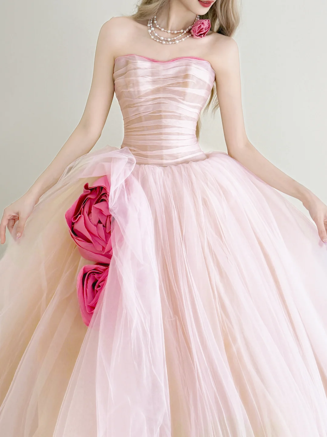 Light Pink 3D Rose Strapless Prom Gown Sweetheart Tulle Formal Dress  NV7168