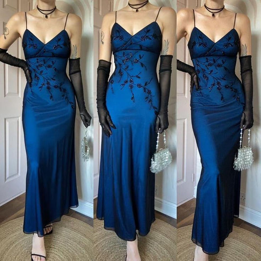 NiceVestidos - Robe de soirée longue en satin bleu marine, style vintage élégant, brodée, bretelles spaghetti, NV5803