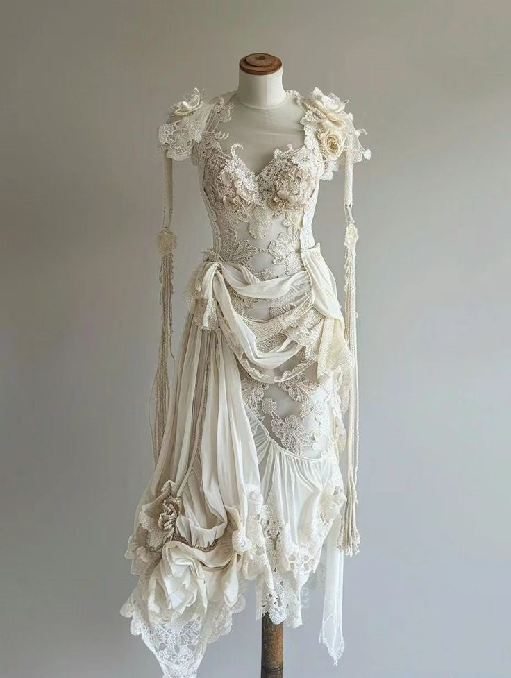 Elfenbeinweißes Vintage-Kleid, einzigartiges, exquisites langes Abendkleid aus Spitze, Partykleid, Ballkleid nv3467