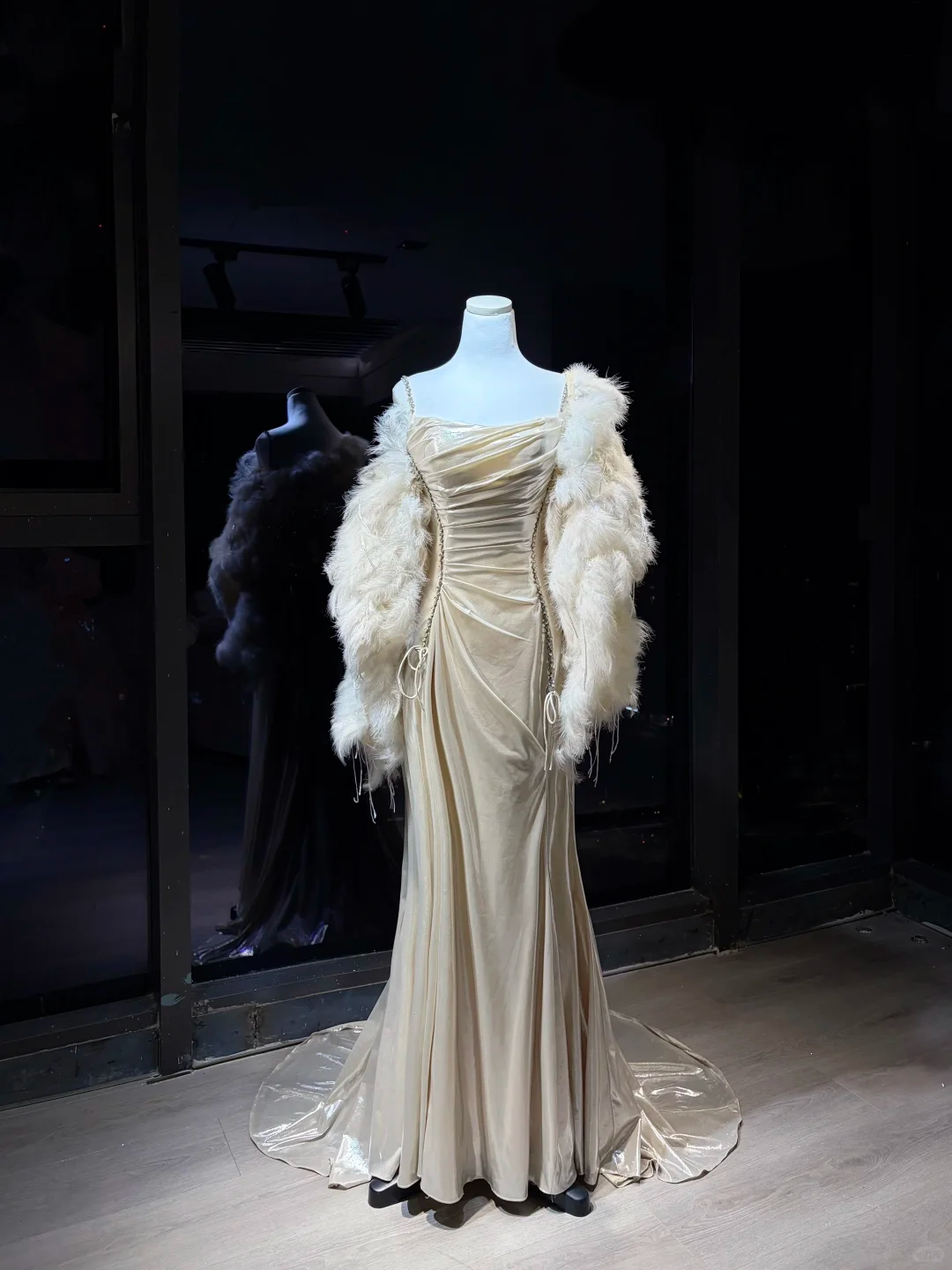 Champagne Square Neck Mermaid Evening Dress, Ruched Shiny Gown with Feather Shawl & Rhinestone Chain  NV7086