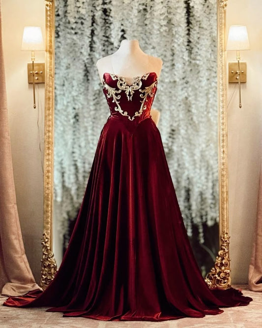 Burgunderrotes Vintage-Samt-Langballkleid, Abendkleid, Partykleid, nv4848