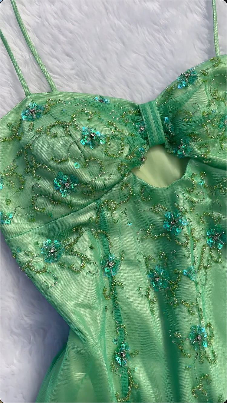 Robe de soirée longue en tulle, magnifique robe de soirée à bretelles spaghetti, motif floral délicat et vert, nv3740