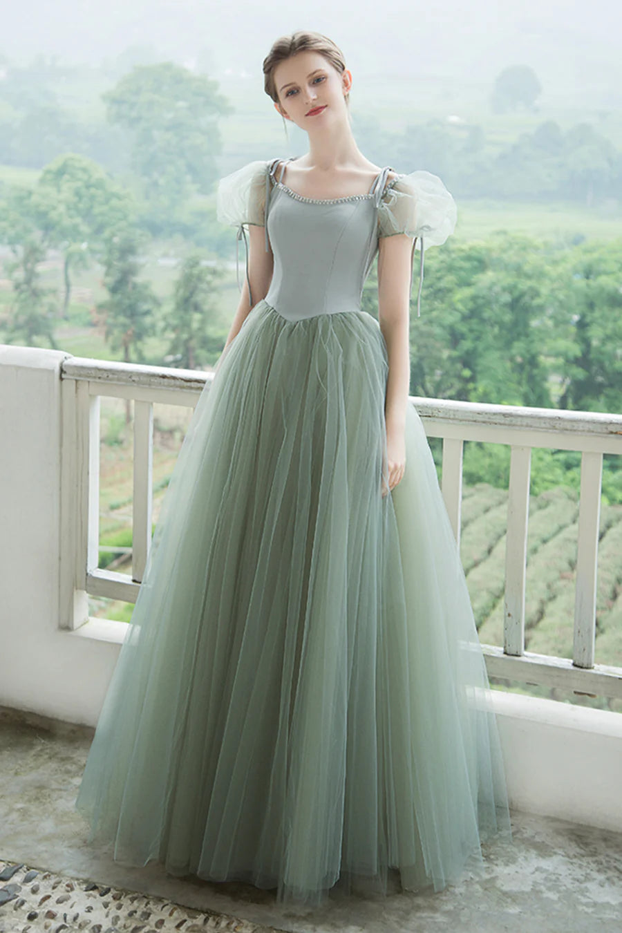 Jolies robes de bal longues en tulle, robes de remise de diplôme à manches courtes en coupe A nv1600