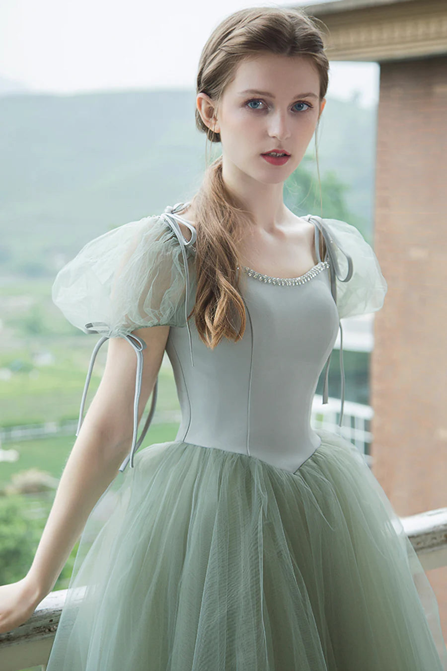 Jolies robes de bal longues en tulle, robes de remise de diplôme à manches courtes en coupe A nv1600