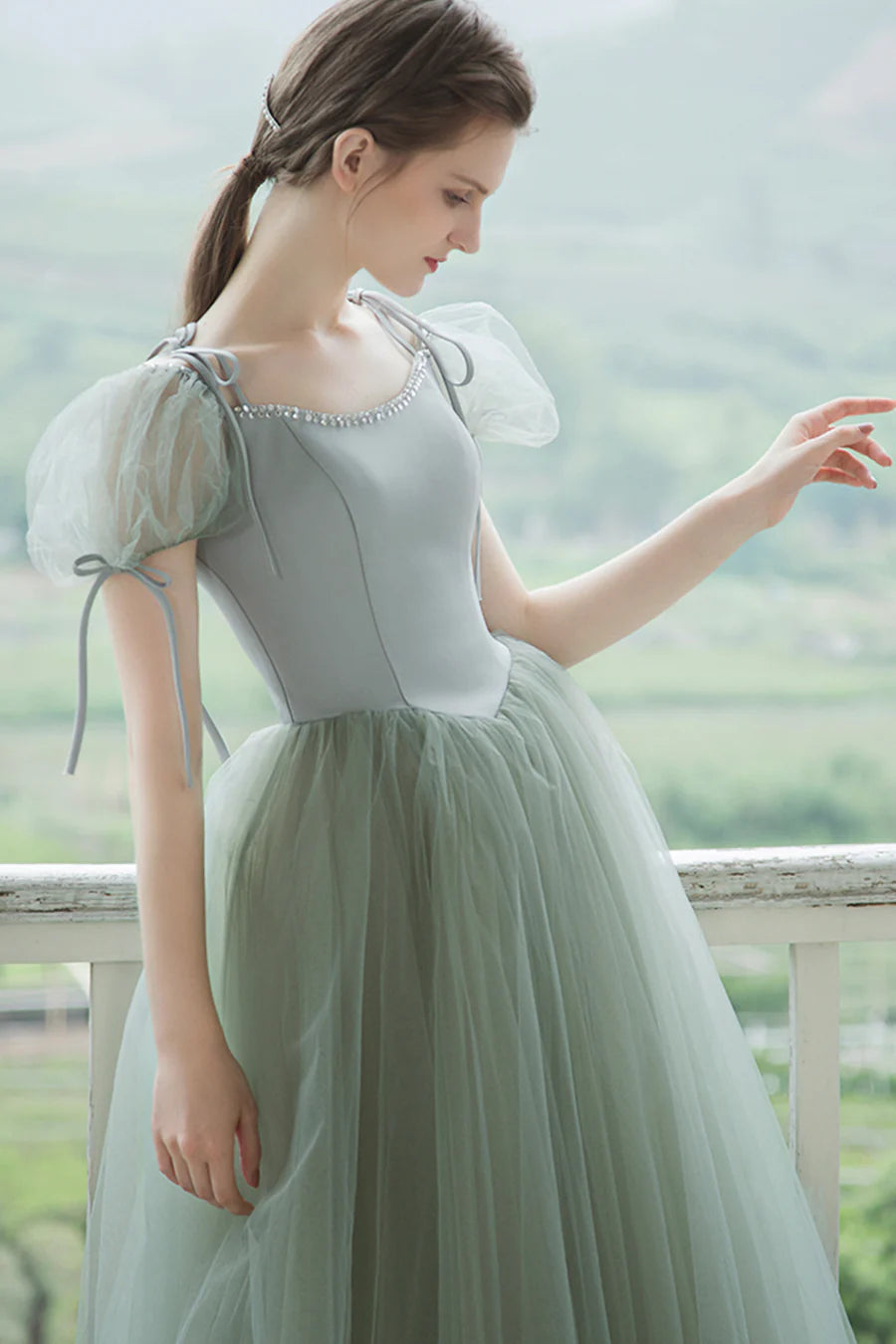 Jolies robes de bal longues en tulle, robes de remise de diplôme à manches courtes en coupe A nv1600