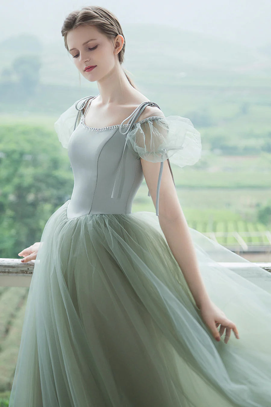 Jolies robes de bal longues en tulle, robes de remise de diplôme à manches courtes en coupe A nv1600
