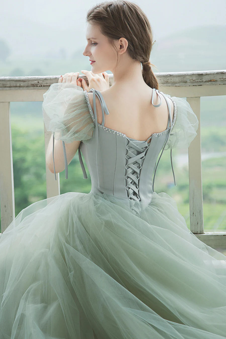 Jolies robes de bal longues en tulle, robes de remise de diplôme à manches courtes en coupe A nv1600