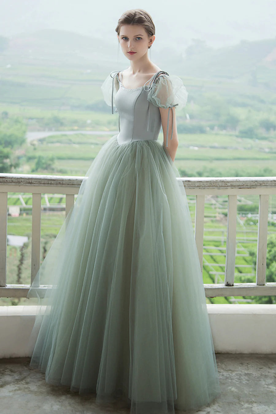 Jolies robes de bal longues en tulle, robes de remise de diplôme à manches courtes en coupe A nv1600