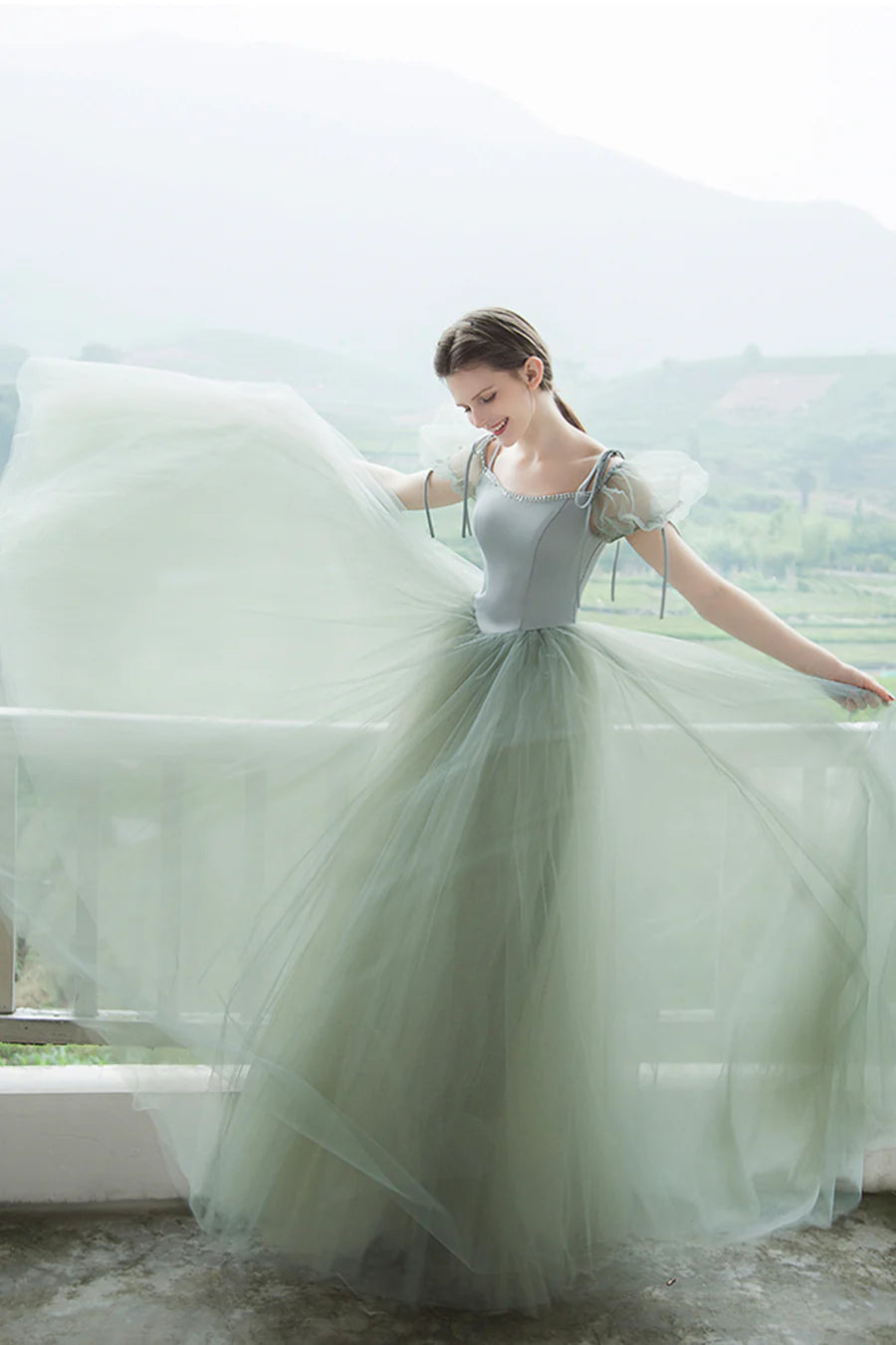 Jolies robes de bal longues en tulle, robes de remise de diplôme à manches courtes en coupe A nv1600