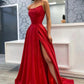 Langes A-Linien-Ballkleid aus rotem Satin, rotes rückenfreies Abendkleid mit Schlitz nv1563