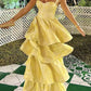 Light Yellow Ruffle Tiered A-Line Long Party Dress Prom Gown Evening Gown nv1778