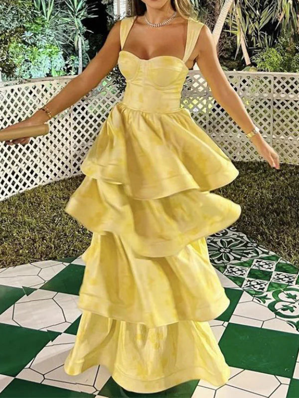 Light Yellow Ruffle Tiered A-Line Long Party Dress Prom Gown Evening Gown nv1778