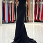 Schwarzes langes Meerjungfrau-Ballkleid mit V-Ausschnitt, schwarzes rückenfreies Abendkleid nv1450