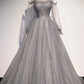 Robe de soirée longue en tulle à paillettes grises, robe de bal trapèze, robe de soirée longue à manches longues nv1727