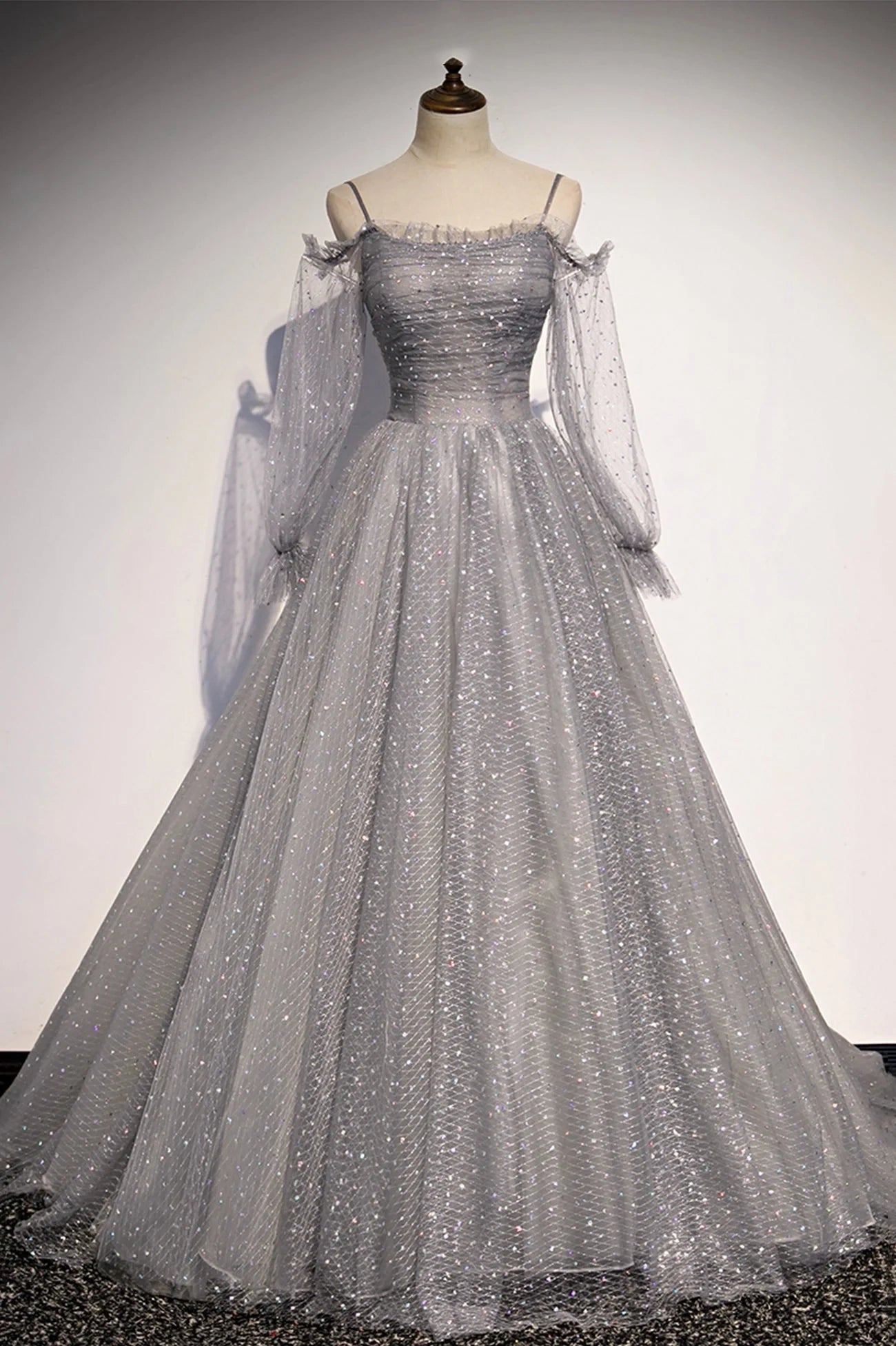 Robe de soirée longue en tulle à paillettes grises, robe de bal trapèze, robe de soirée longue à manches longues nv1727