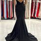 Schwarzes langes Meerjungfrau-Ballkleid mit V-Ausschnitt, schwarzes rückenfreies Abendkleid nv1450