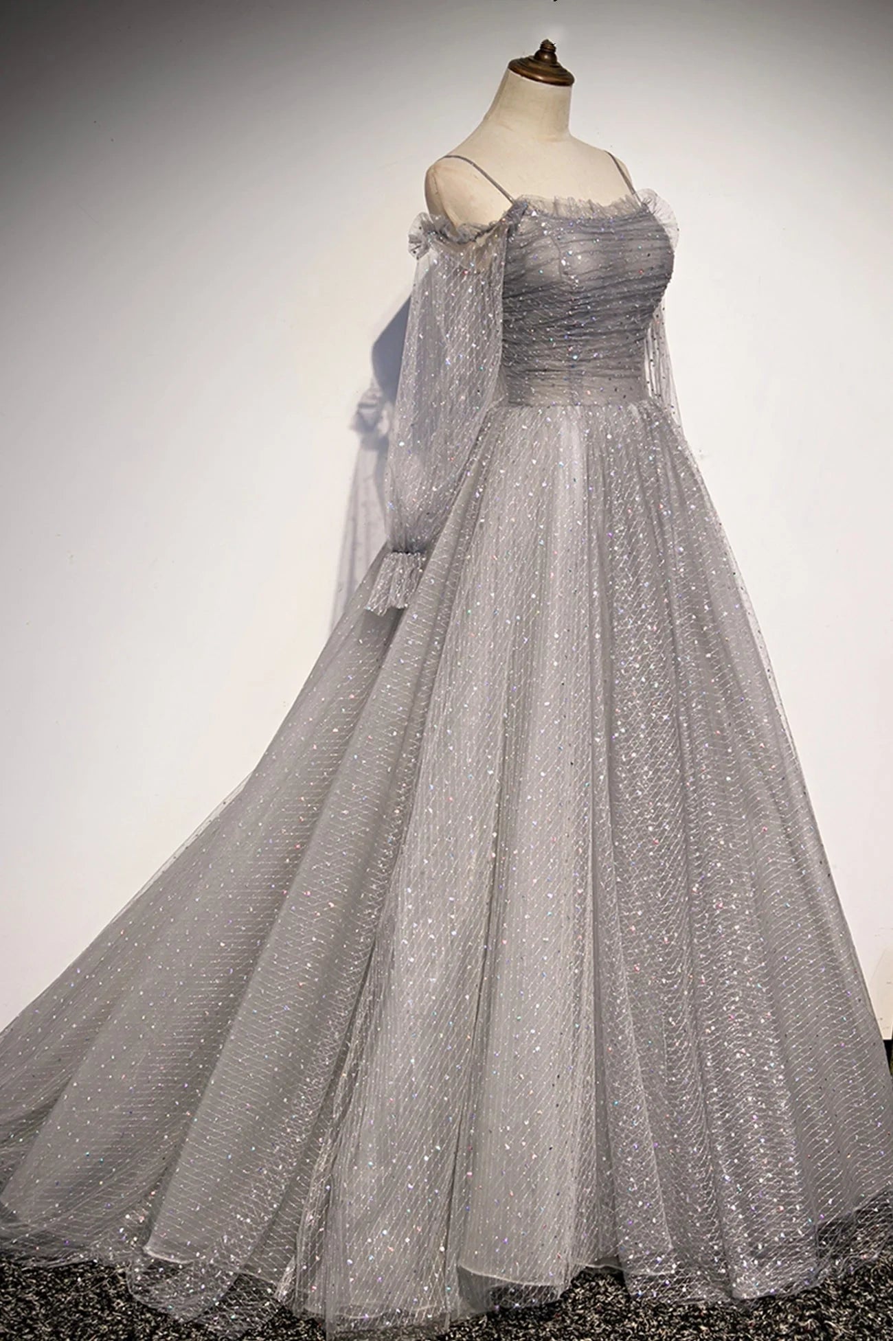 Robe de soirée longue en tulle à paillettes grises, robe de bal trapèze, robe de soirée longue à manches longues nv1727