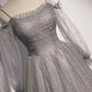 Robe de soirée longue en tulle à paillettes grises, robe de bal trapèze, robe de soirée longue à manches longues nv1727