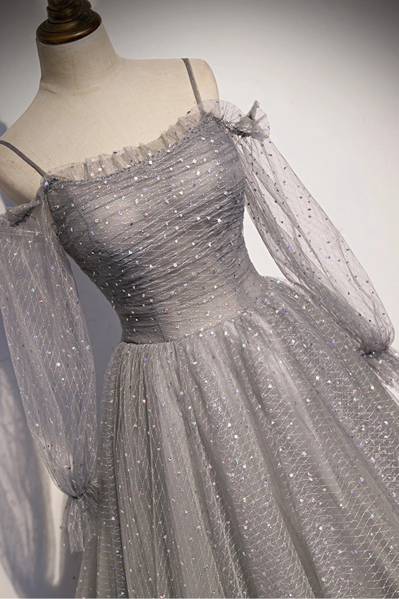 Robe de soirée longue en tulle à paillettes grises, robe de bal trapèze, robe de soirée longue à manches longues nv1727