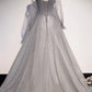 Robe de soirée longue en tulle à paillettes grises, robe de bal trapèze, robe de soirée longue à manches longues nv1727