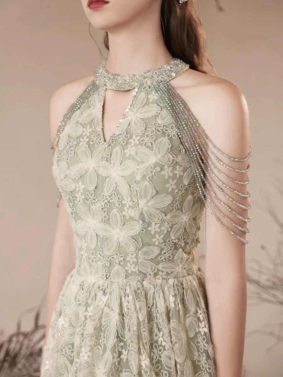 Jolie robe de bal verte en tulle à fleurs, longueur au sol, belle robe de soirée trapèze dos nu nv1414