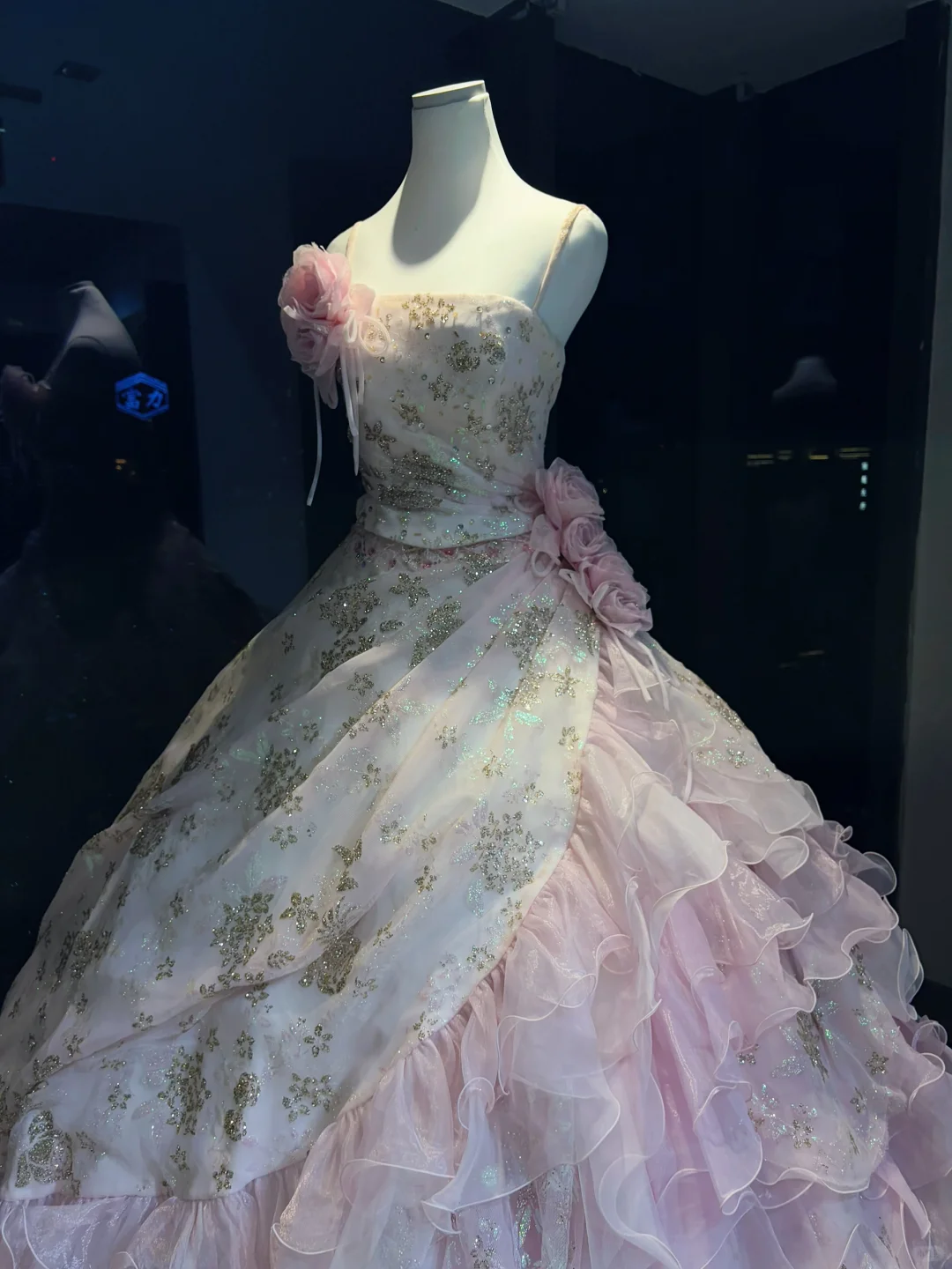 Pink Ombre Spaghetti Straps Ball Gown Gold Glitter Floral 3D Rose Tiered Ruffle Tulle Fairy Prom Dress  NV6939