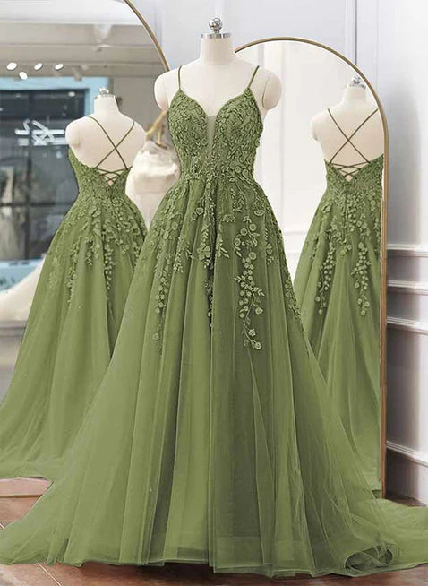 A-Linien-Ballkleid mit Spaghettiträgern und Schleppe, Salbeigrünes Abendkleid aus Tüll nv1580