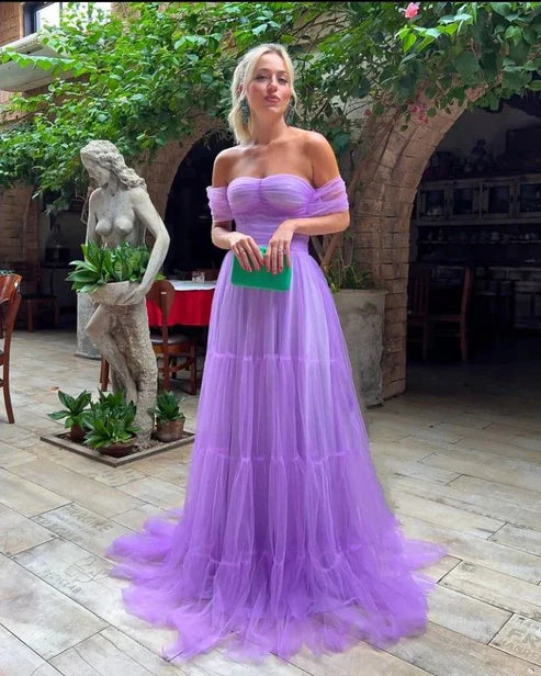 Lila A-Linie Schulterfreies Abendkleid Langes Tüll Ballkleid nv2202