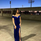 Robe de soirée sirène en velours bleu simple et élégante à épaules dénudées nv2204