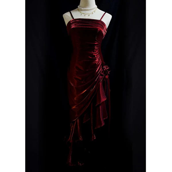 Robe de soirée élégante en satin vert rétro à bretelles spaghetti, longue et irrégulière, à volants, robe de bal, robe de soirée nv1626
