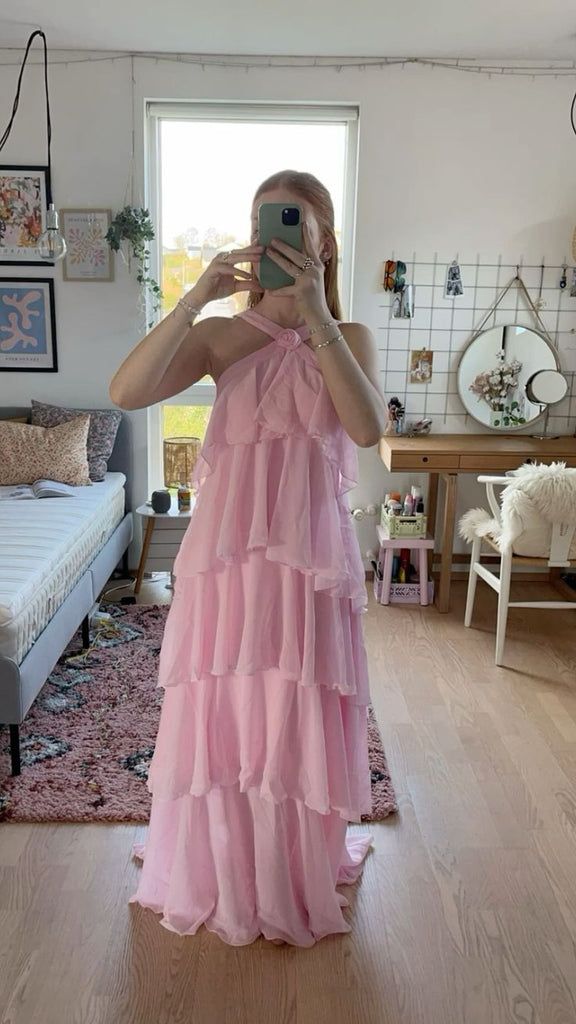 Robe de soirée longue en mousseline de soie rose à volants, jolie et mignonne, longueur au sol, pour bal de promo, pour 22e anniversaire, nv3904