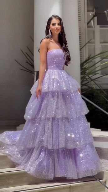 Light Purple Sparkling Tulle Sequin A-Line Long Tiered Ball Gown Evening Dress fall bridal shower outfit for guest nv2651