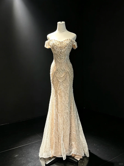 Champagne Off Shoulder Mermaid Dress Short Sleeve Hand Beaded Long Train Formal Prom Gown  NV6946