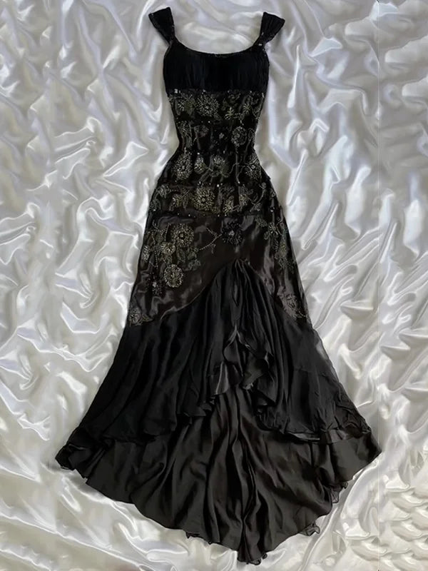 Schwarzes elegantes, exquisites, mit Perlen besetztes langes Chiffon-Ballkleid, Abendkleid, Partykleid, NV3585