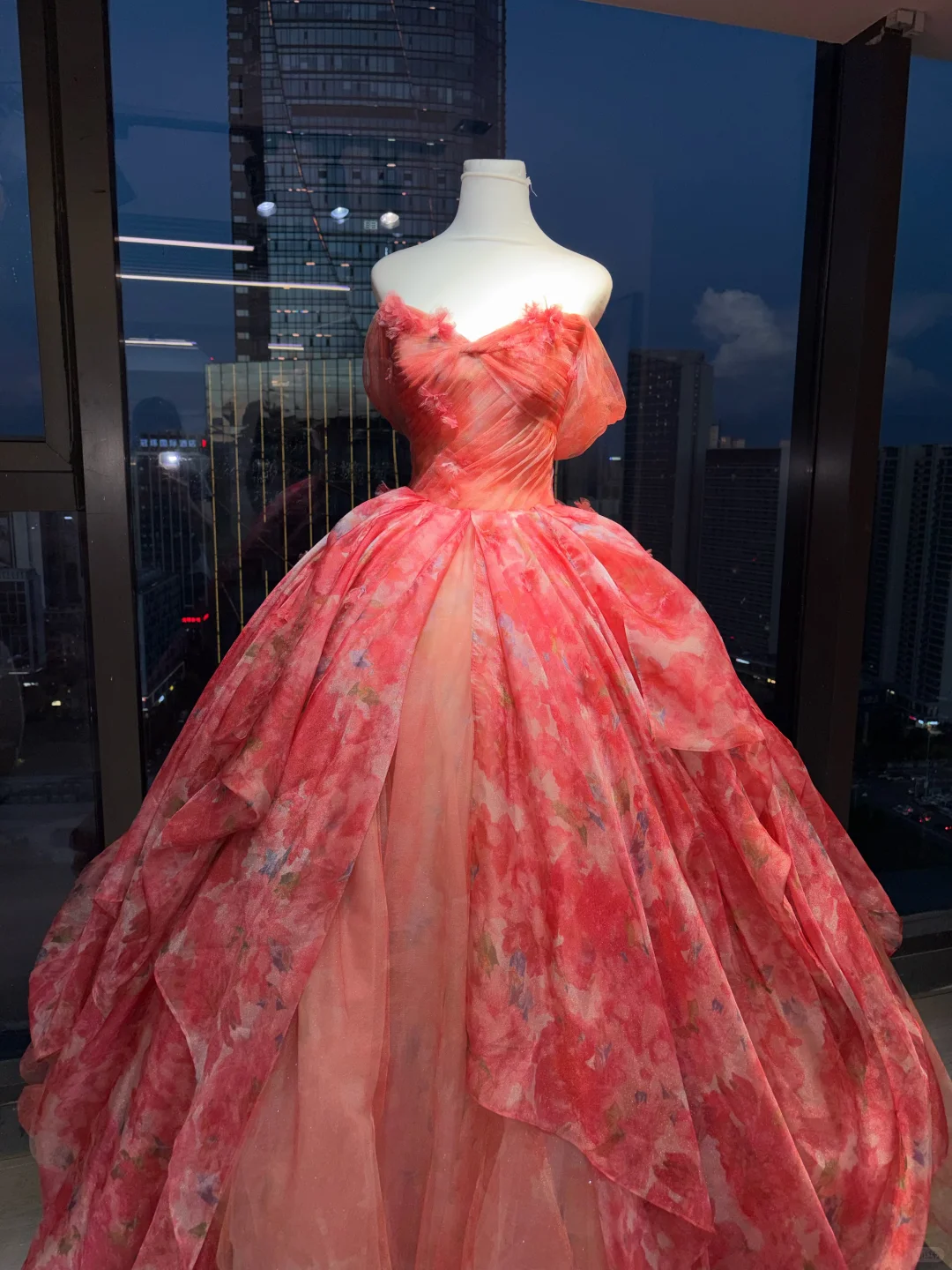 Off Shoulder Orange Red Floral Print Tulle Prom Dress Sweetheart Ruched Layered Ball Gown  NV6990