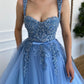 Exquisite 3D Flowers Beads Blue Long Prom Dresses Sweetheart Tulle Bow Sash Floor Length Evening Gowns  nv1641