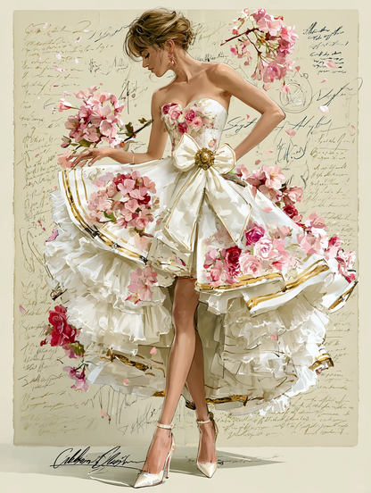 3D Pink Rose Sweetheart Strapless High Low Ruffle Prom Dress with Gold Trim  NV7399