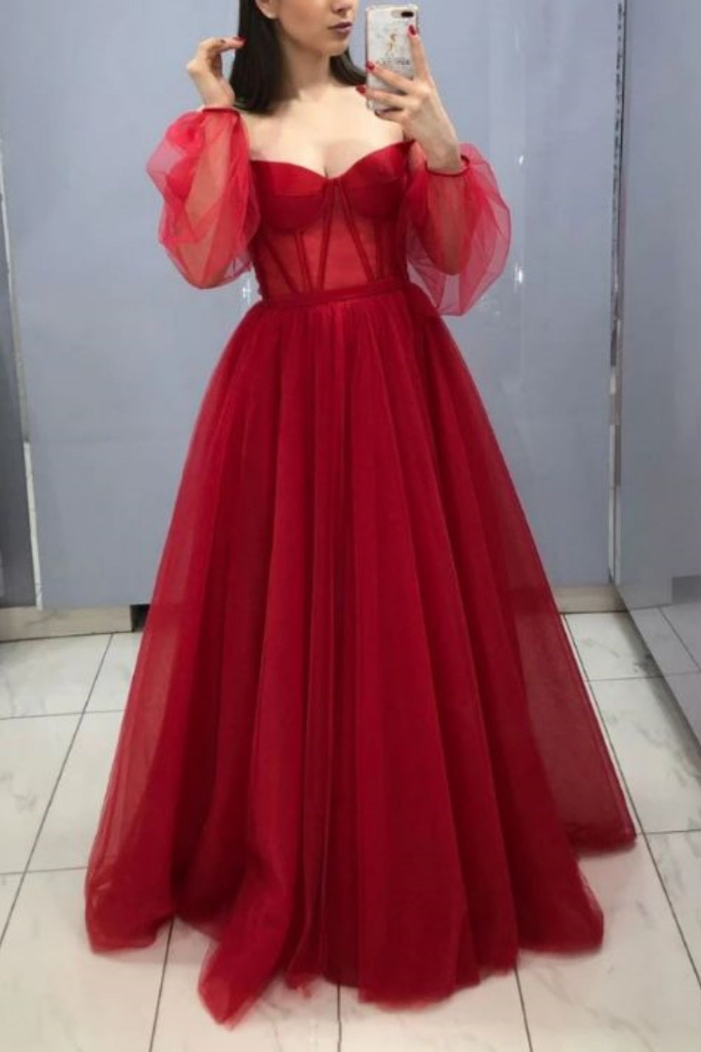 Red Fashion Corset Wide Sleeves Long Tulle Ball Gown Evening Dress nv3214