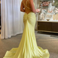 Robe de soirée longue argentée scintillante à bretelles spaghetti, style sirène, coupe ajustée, dos nu, jaune, robe de bal, robe de soirée formelle, nv3431